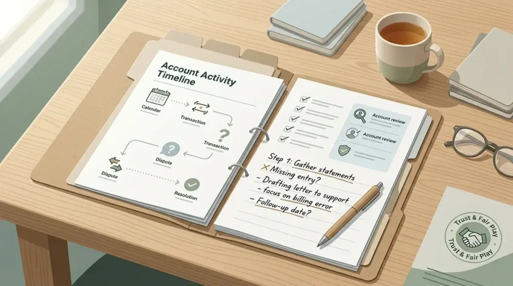 A step-by-step dispute folder with account records, complaint notes and money protection checks