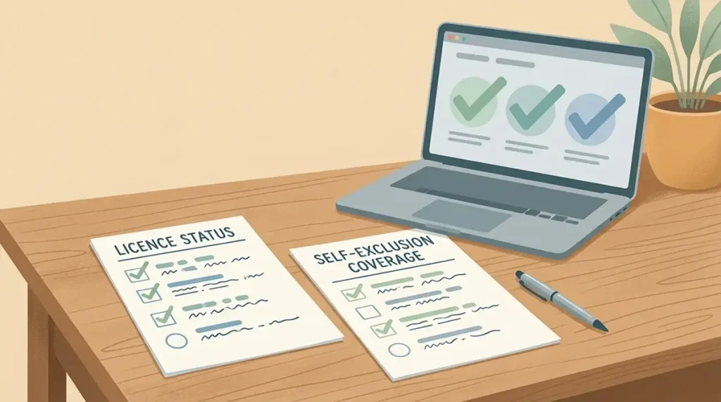A calm checklist showing gambling licence status and self-exclusion coverage as separate checks