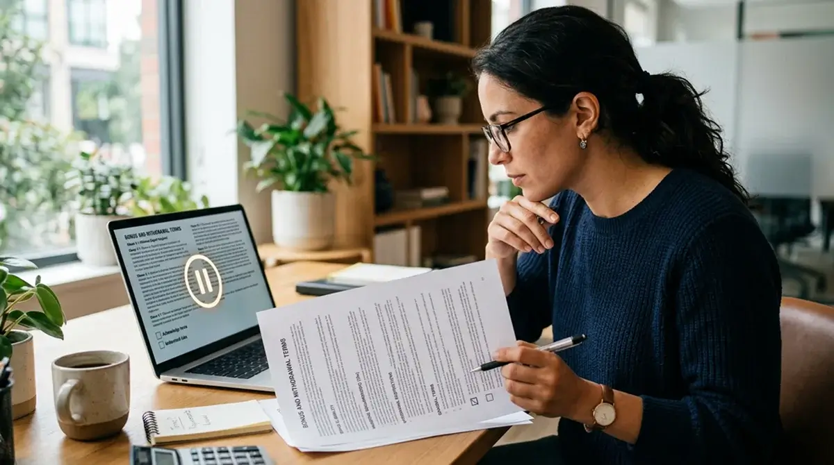 A person reading bonus and withdrawal terms before making a gambling payment