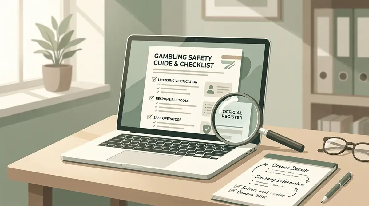 A calm desk scene with a licence register checklist and gambling safety notes