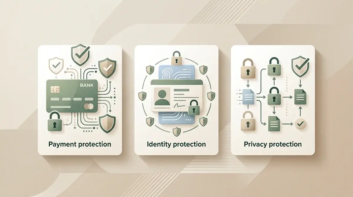 Payment, identity and privacy checks arranged as a calm risk-control checklist
