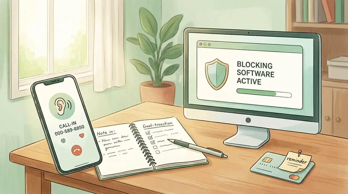 Support tools shown calmly beside a phone, notebook and bank block reminder