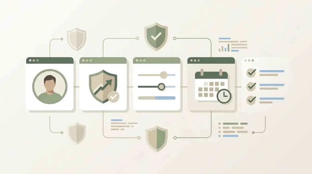 A calm account verification checklist showing identity, limits and protective checks