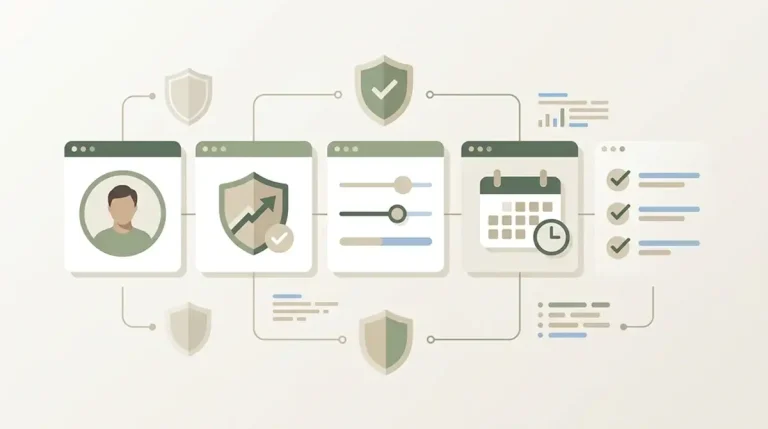 A calm account verification checklist showing identity, limits and protective checks