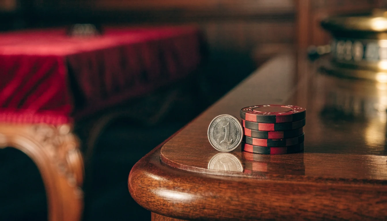 Single one-pound coin beside casino chips on a wooden gaming table
