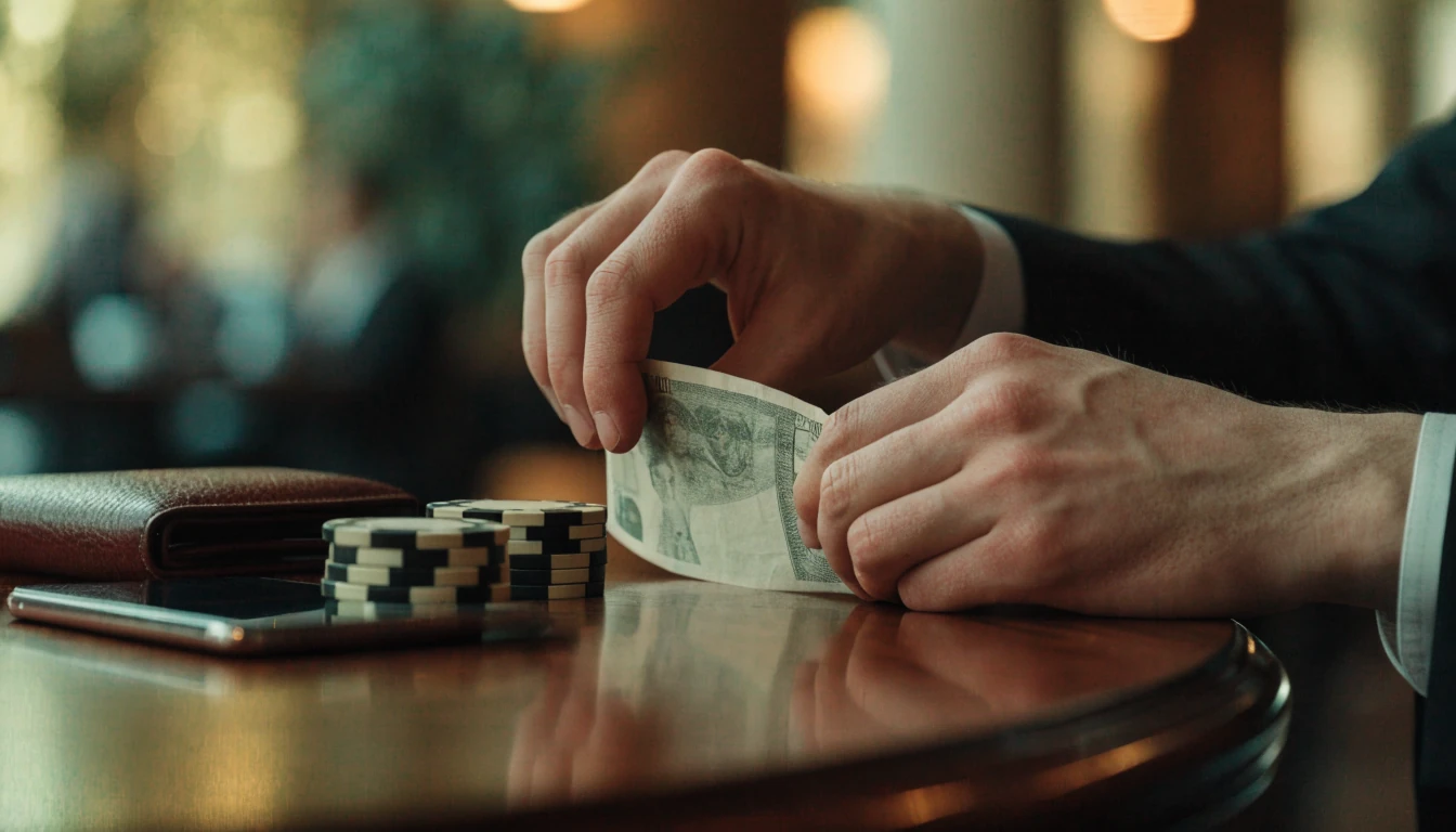Hands holding a ten-pound note near poker chips and a face-down smartphone on a casino table