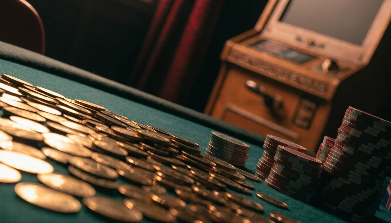 Gold coins and red casino chips on green felt with a classic slot machine in warm UK casino lighting.