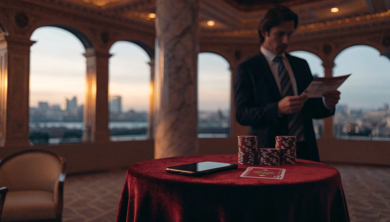 London casino lobby with smartphone, chips, and city skyline at dusk.