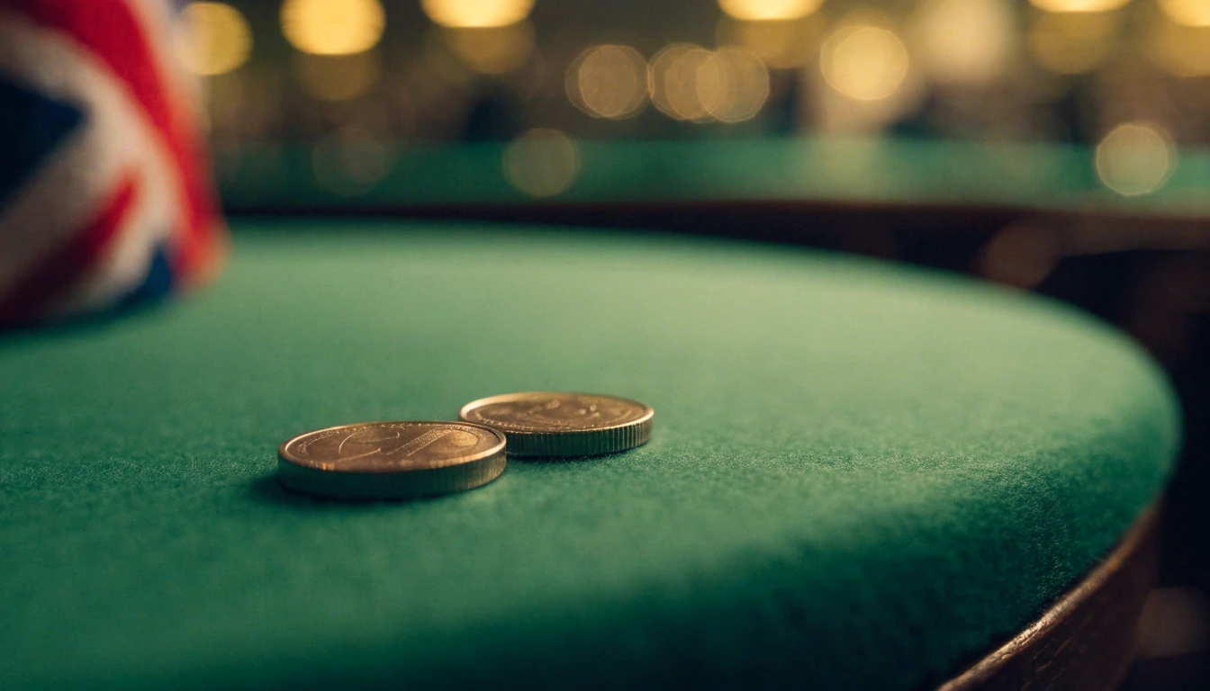 British pound coins placed on a green casino table with a Union Jack accent.