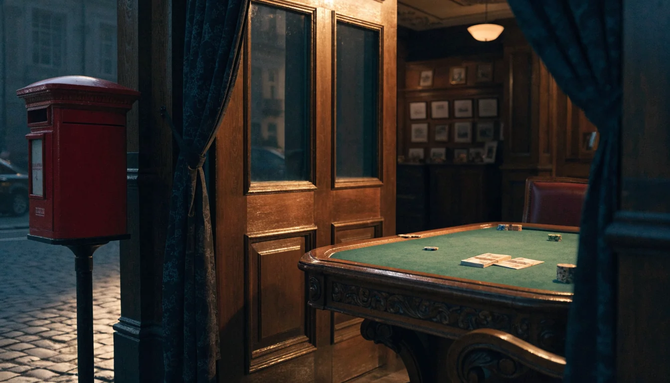 British casino entrance at dusk with twenty-pound banknotes and chips on a green felt table inside