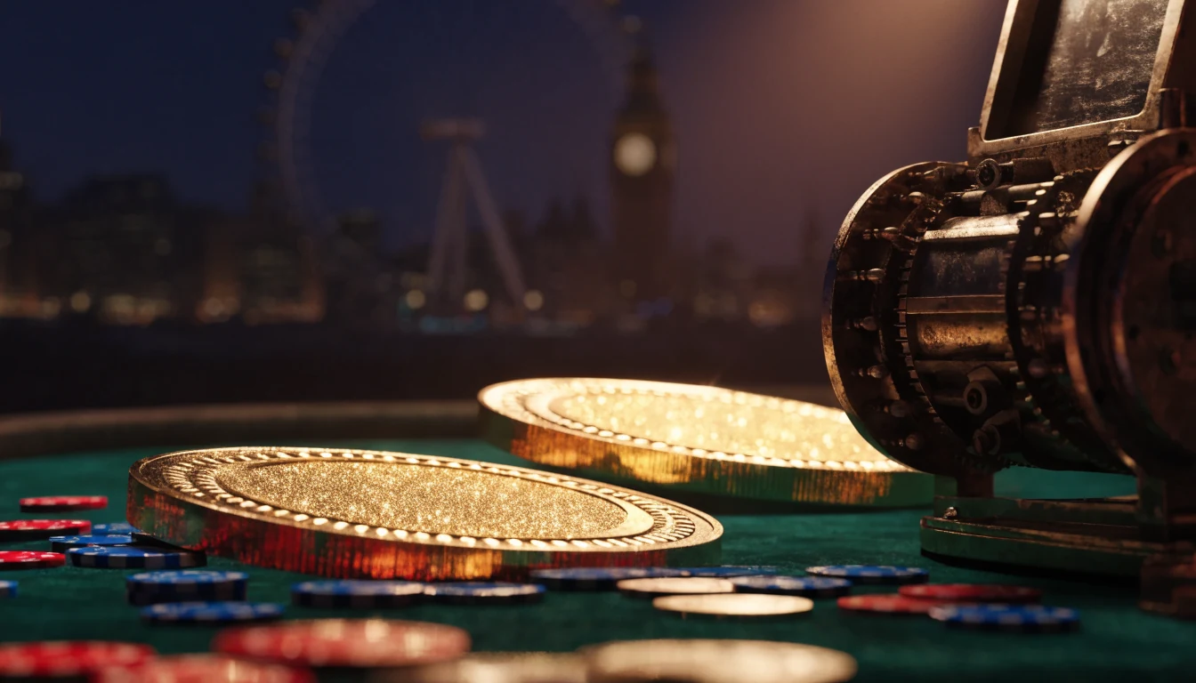 Glittering gold coins, casino chips, and a vintage slot reel on green velvet with a London skyline in the background