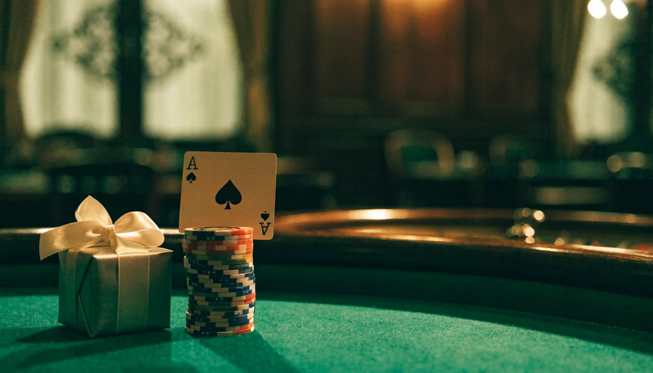 Casino chips and a small wrapped gift on a green felt table