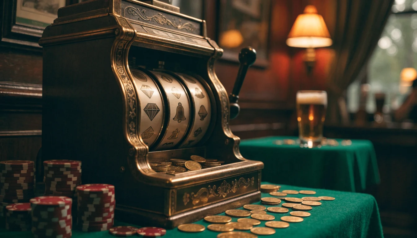 Classic slot machine with golden coins and chips in a warm British pub setting
