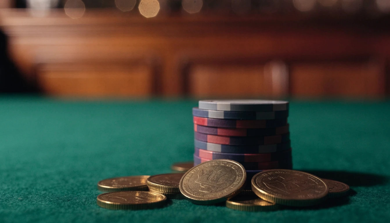 British pound coins beside a small stack of casino chips on green felt
