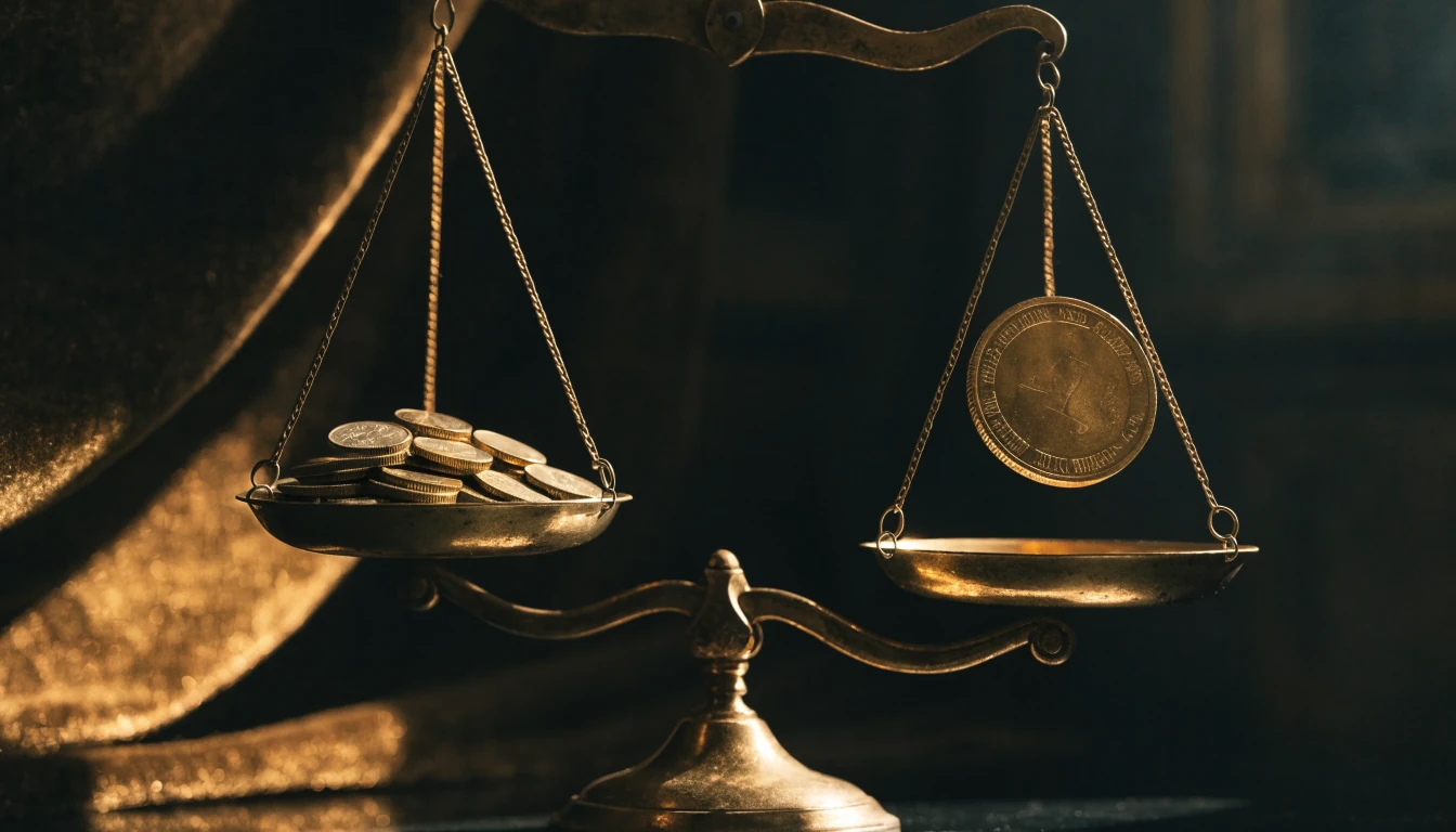 Vintage brass scale balancing a pile of coins against a single large coin
