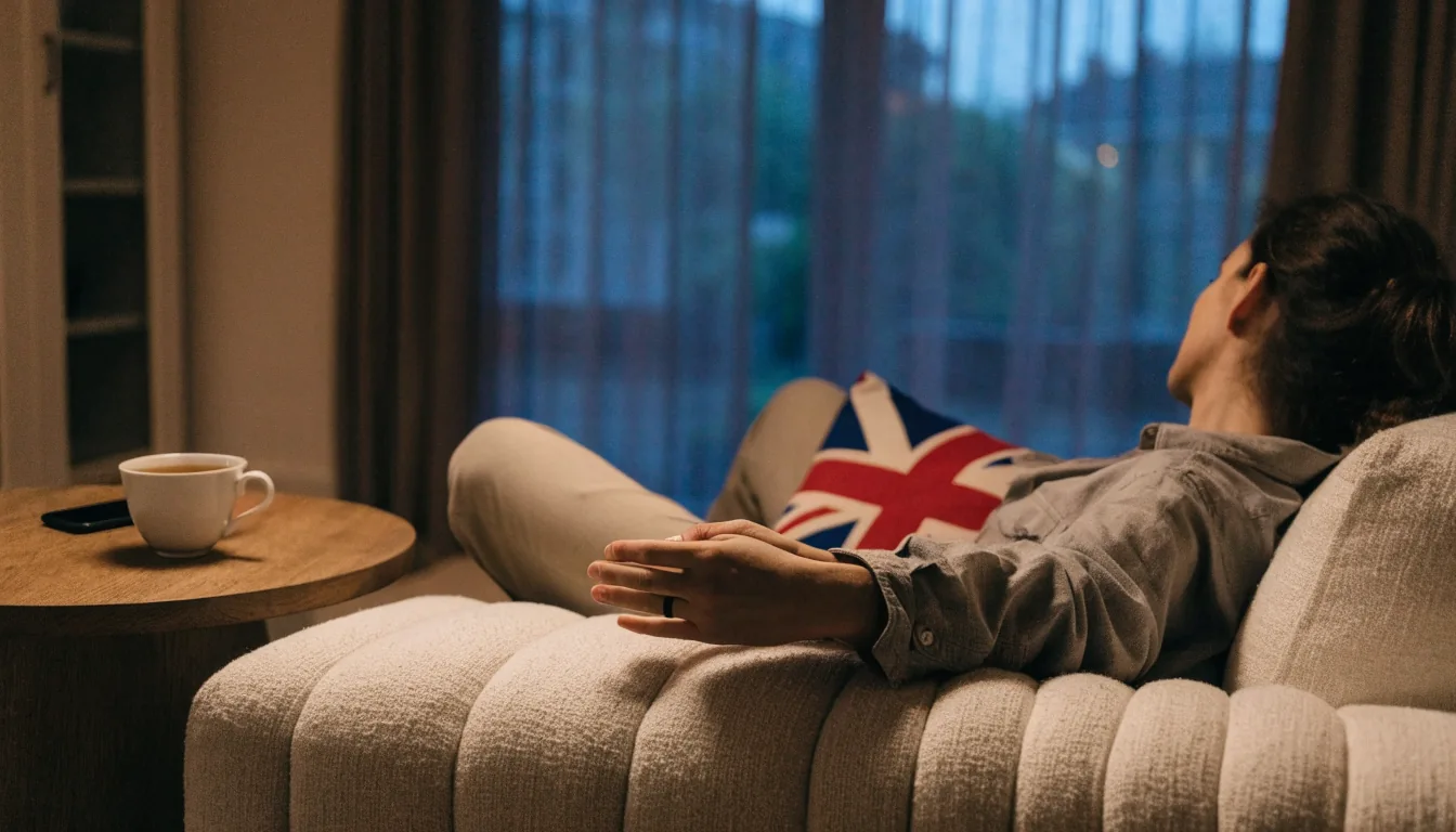 Person relaxing in a British living room with a face-down phone and a cup of tea