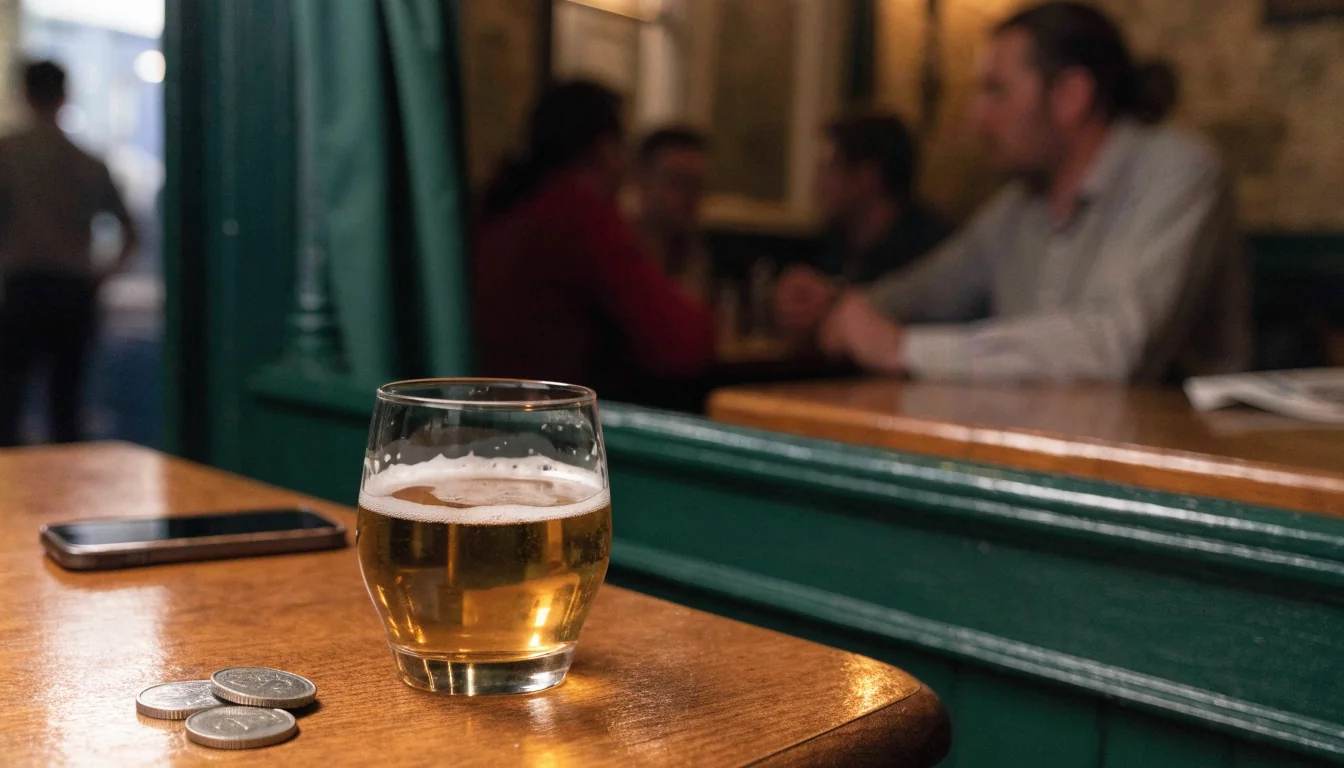 British pub table with beer, pound coins, and a face-down smartphone in warm light.