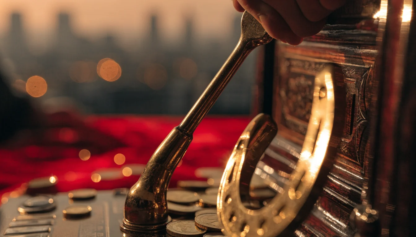 Golden coins spilling from a vintage slot lever with London skyline silhouette in the background