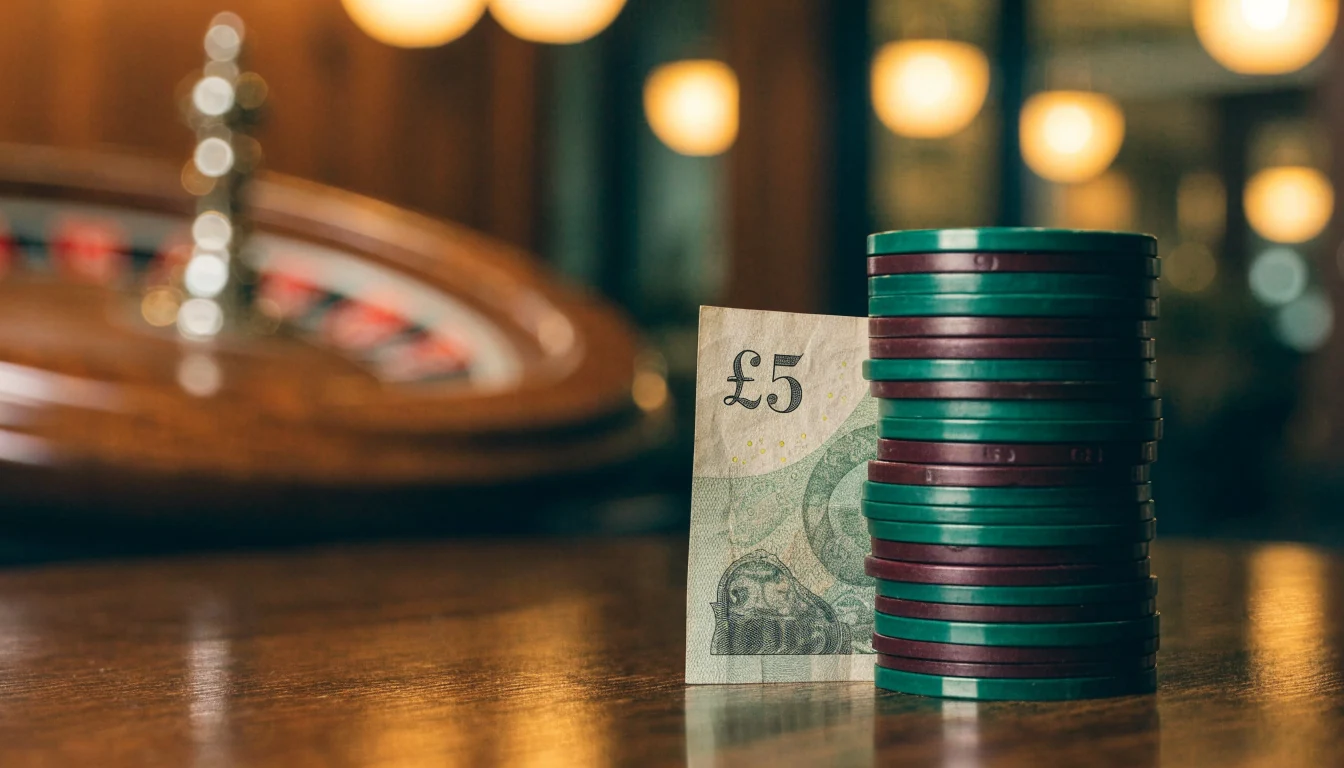 British casino chips and a £5 banknote on a polished wooden table in a softly lit lounge.