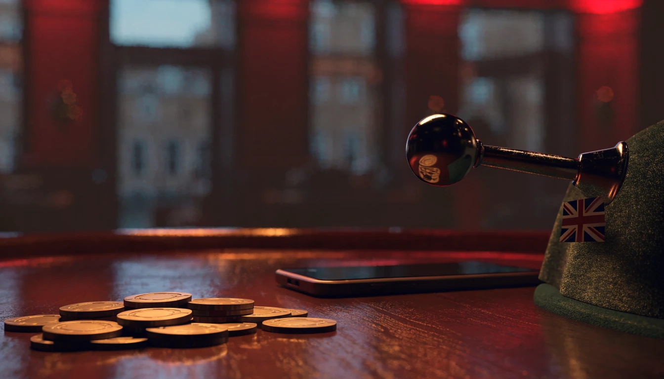 Casino chips, slot lever, and Union Jack accent on a wooden table in warm lighting