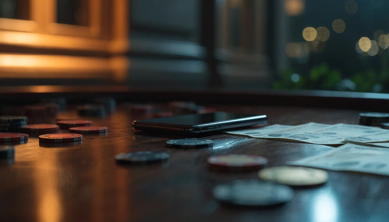 Casino chips, a face-down smartphone, and British pounds on a dark gaming table
