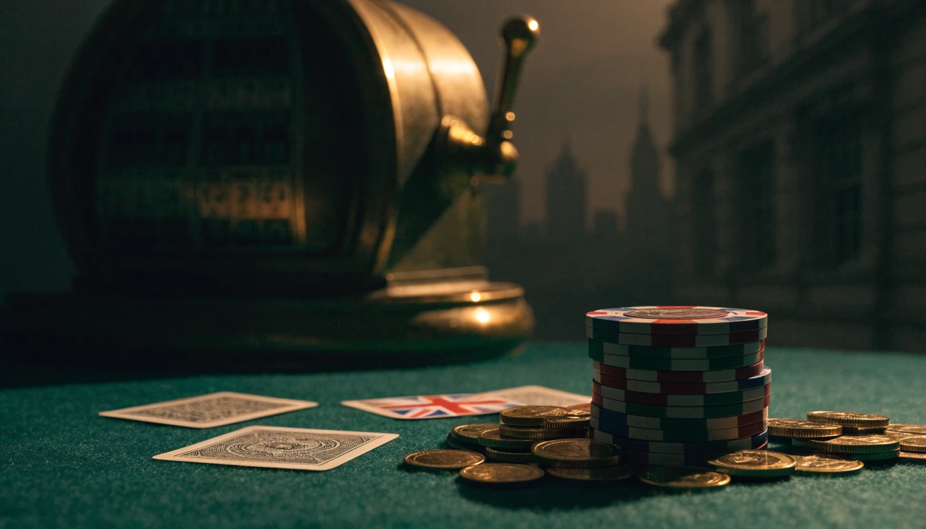Stacked casino chips, gold coins, and playing cards with vintage slot machine silhouette and British accents