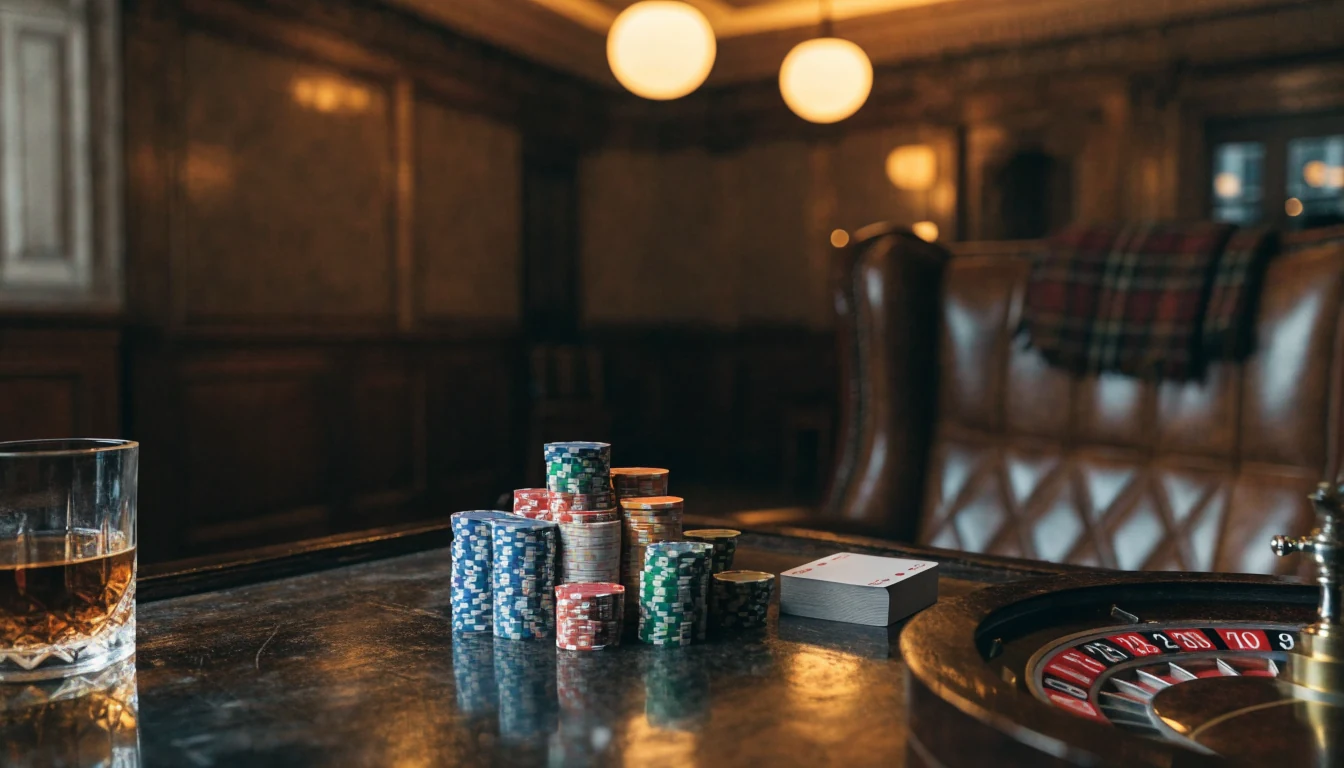 Casino chips, playing cards, and a roulette wheel on a wooden table in a warm London club setting