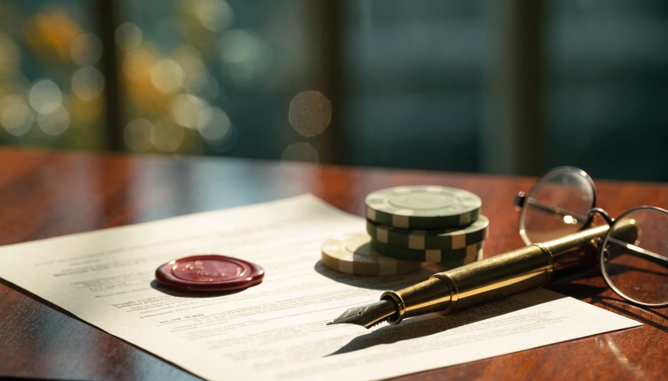 Sealed license document with wax stamp and casino chips on a wooden desk