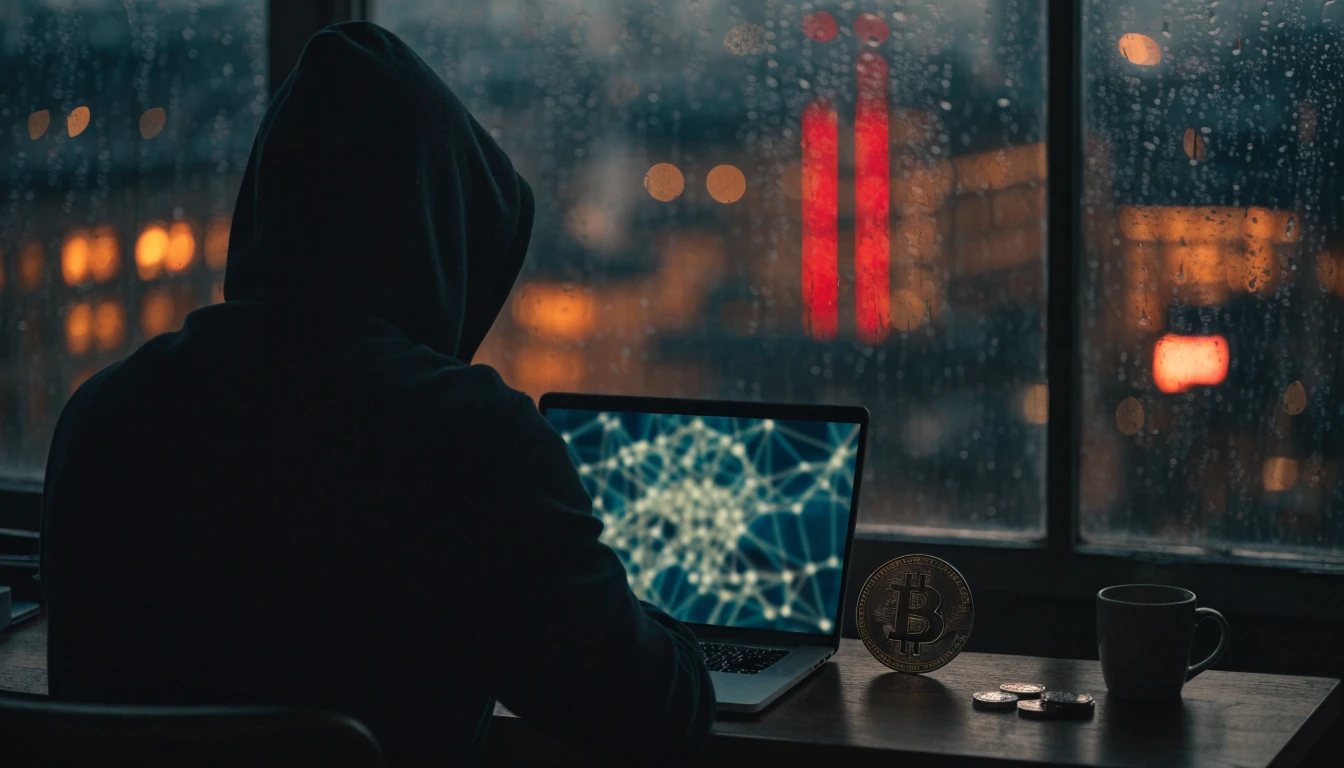Hooded figure at a laptop with Bitcoin token, rain-streaked London window, anonymous crypto mood