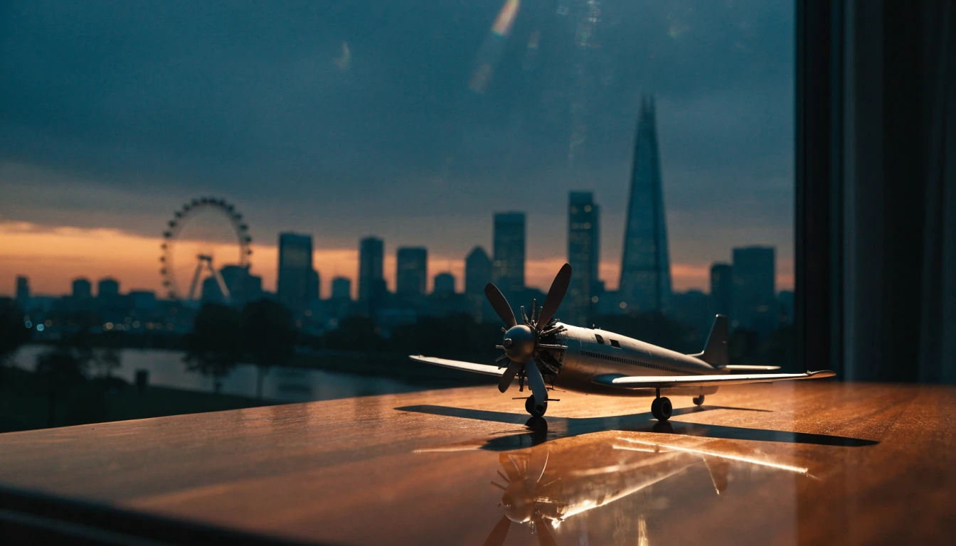 Vintage aircraft model on dark wood against London skyline at dusk