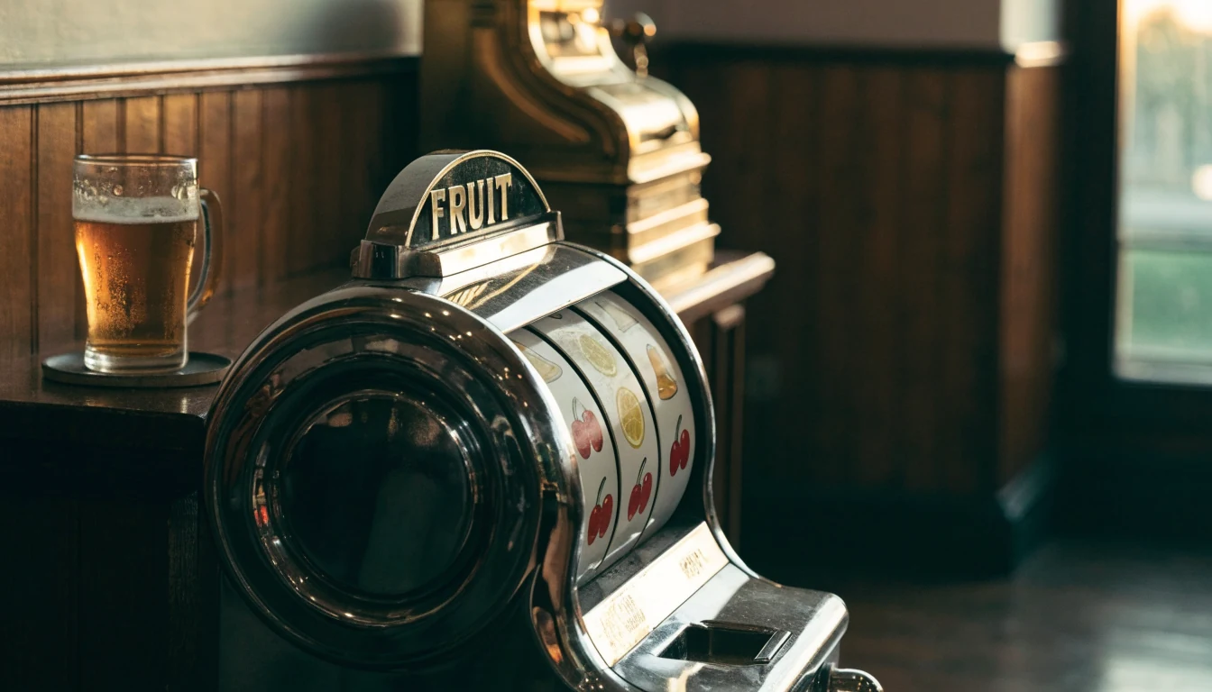 Classic mechanical three-reel slot machine in a traditional British pub