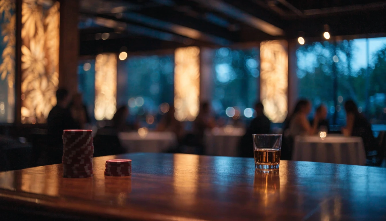 UK casino lounge with stacked chips and whisky glass at warm bar counter