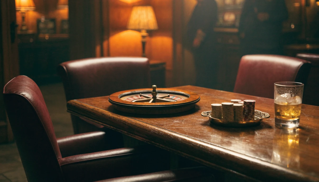 Elegant London private gambling lounge with roulette wheel, whiskey, and stacked casino chips