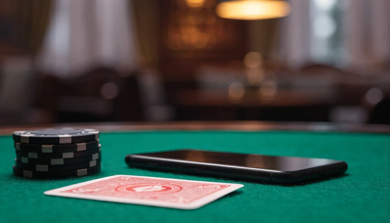 Android smartphone on green felt with casino chips and card