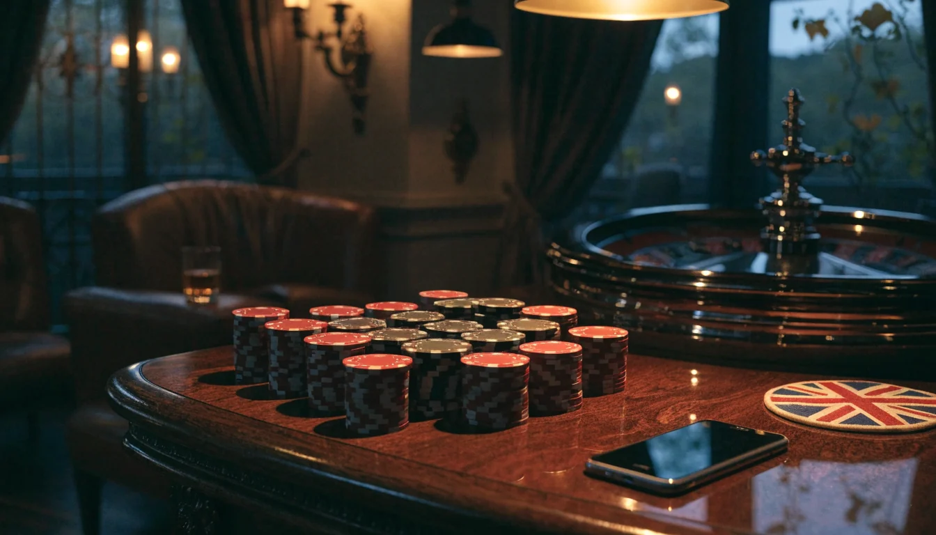 Elegant British casino lounge with roulette wheel, chips, and a face-down smartphone on a mahogany table.