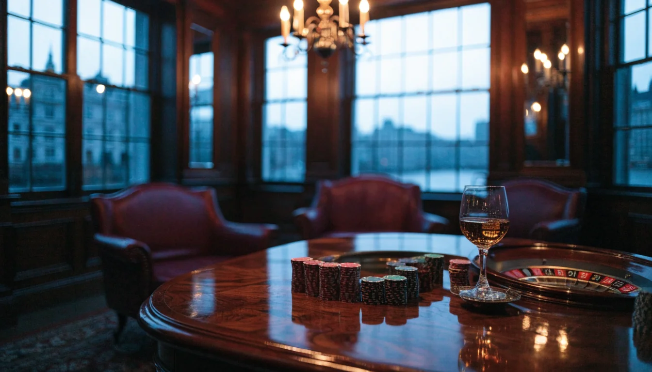 Elegant London private casino room with roulette wheel, chips, and city skyline at dusk