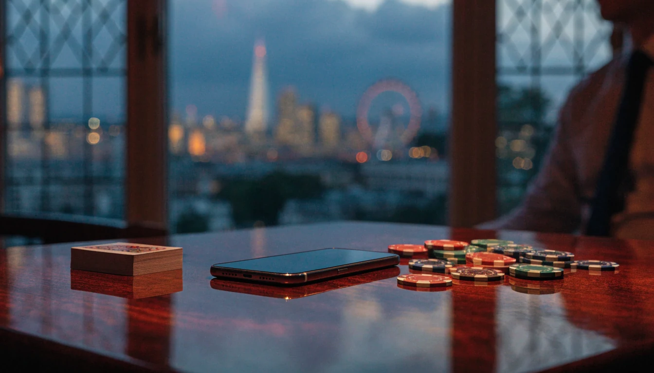 Elegant London gaming lounge with face-down phone, casino chips, and twilight skyline