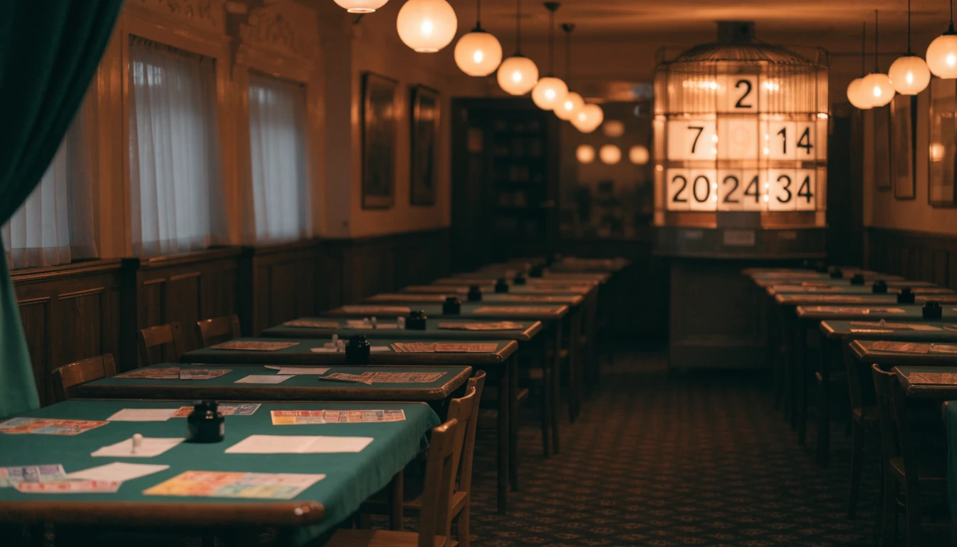 Cozy British bingo hall interior with tables and an illuminated bingo cage