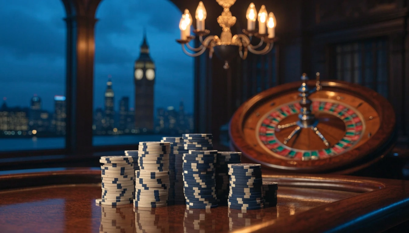 Elegant London private gaming room with stacked chips and roulette wheel at night