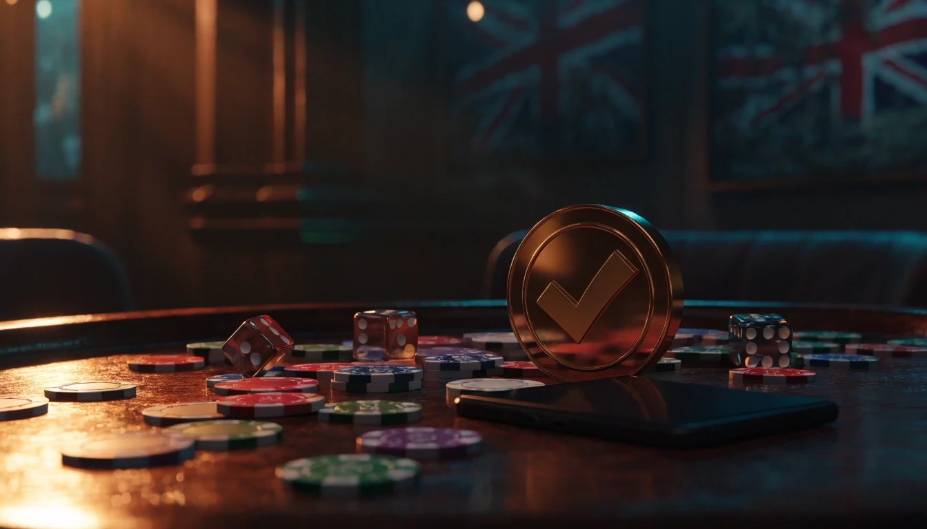 Stylized UK casino lounge with chips, dice, and bonus token on dark table