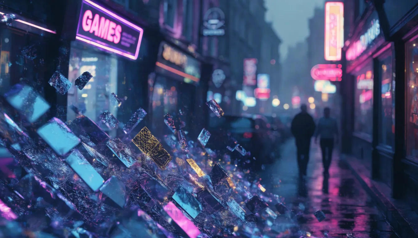 Neon-lit British arcade at night with a cascade of glowing crystal tiles symbolizing slot reels.