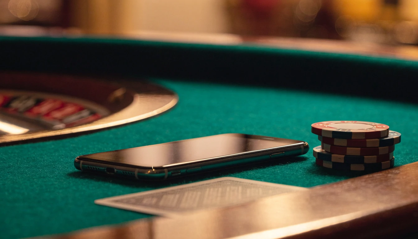 Smartphone on a green casino table with poker chips and a roulette wheel nearby.