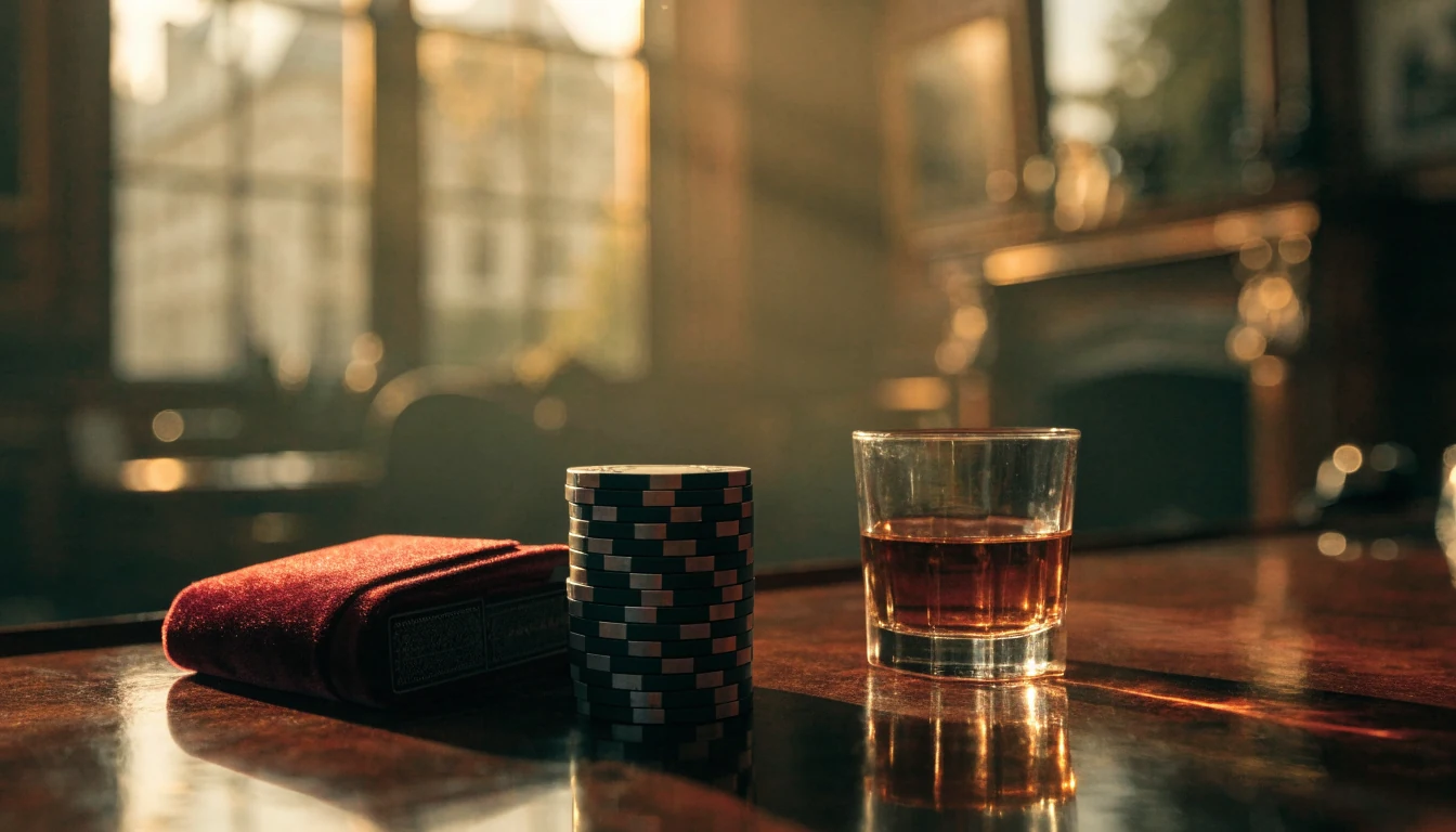 Elegant British lounge scene with casino chips and cards on a mahogany bar