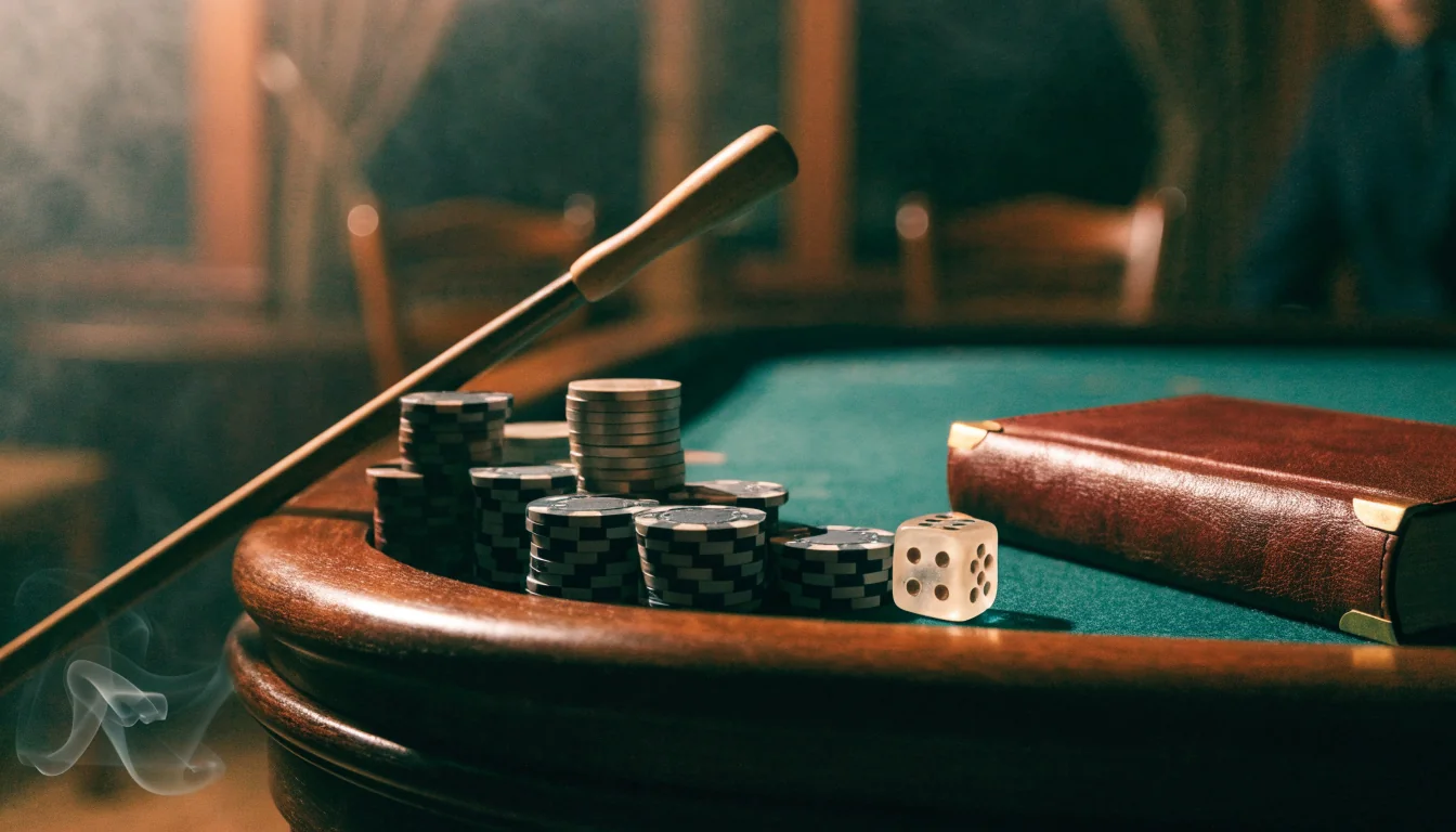Casino chips and dice on a green craps table felt