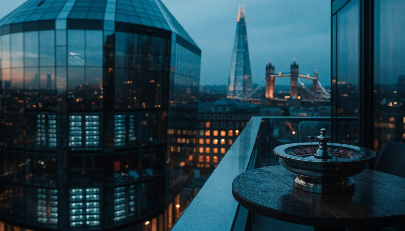 London skyline at dusk with a roulette wheel on a balcony table