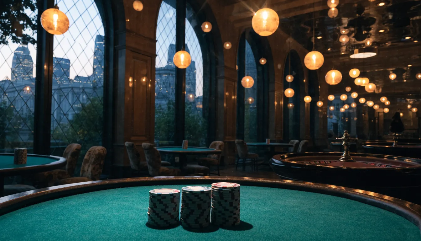 Elegant London casino lounge with roulette wheel and chips at dusk