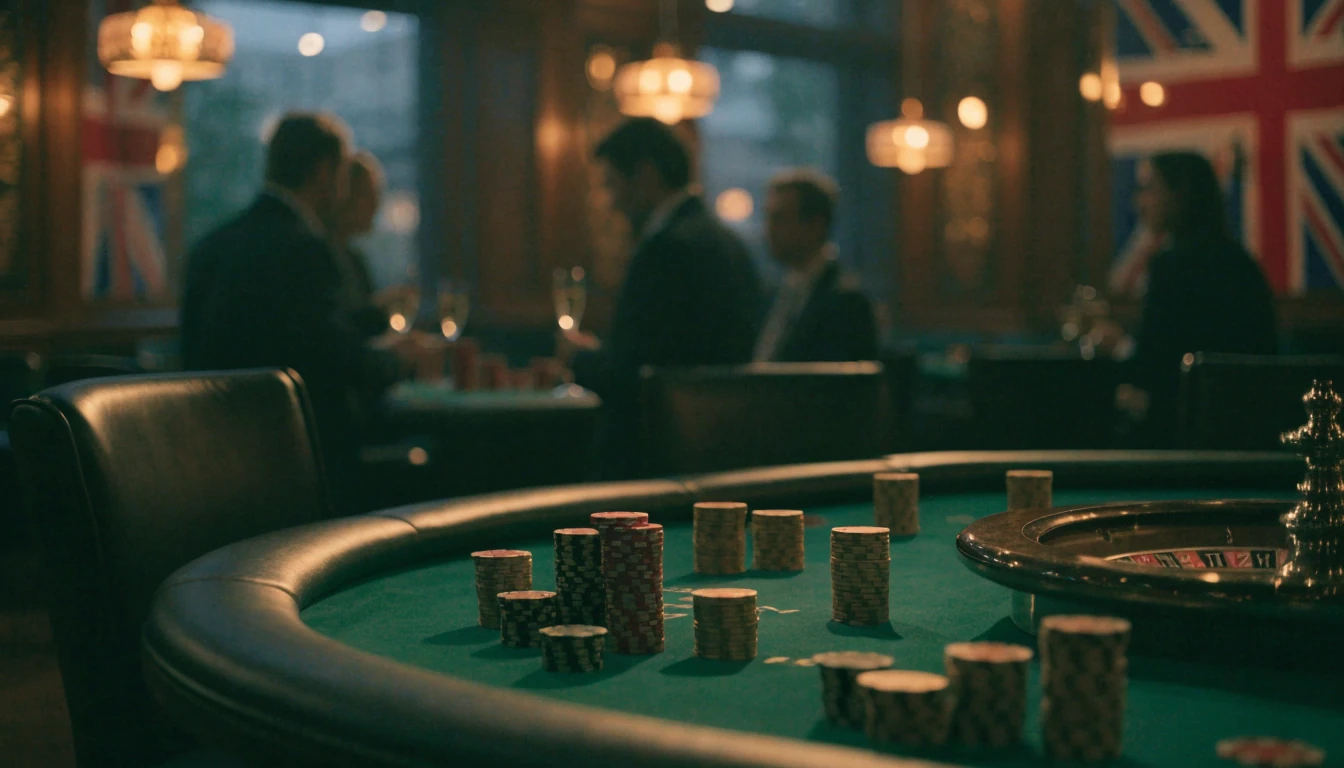 Elegant London casino lounge with chips and roulette wheel on a green table