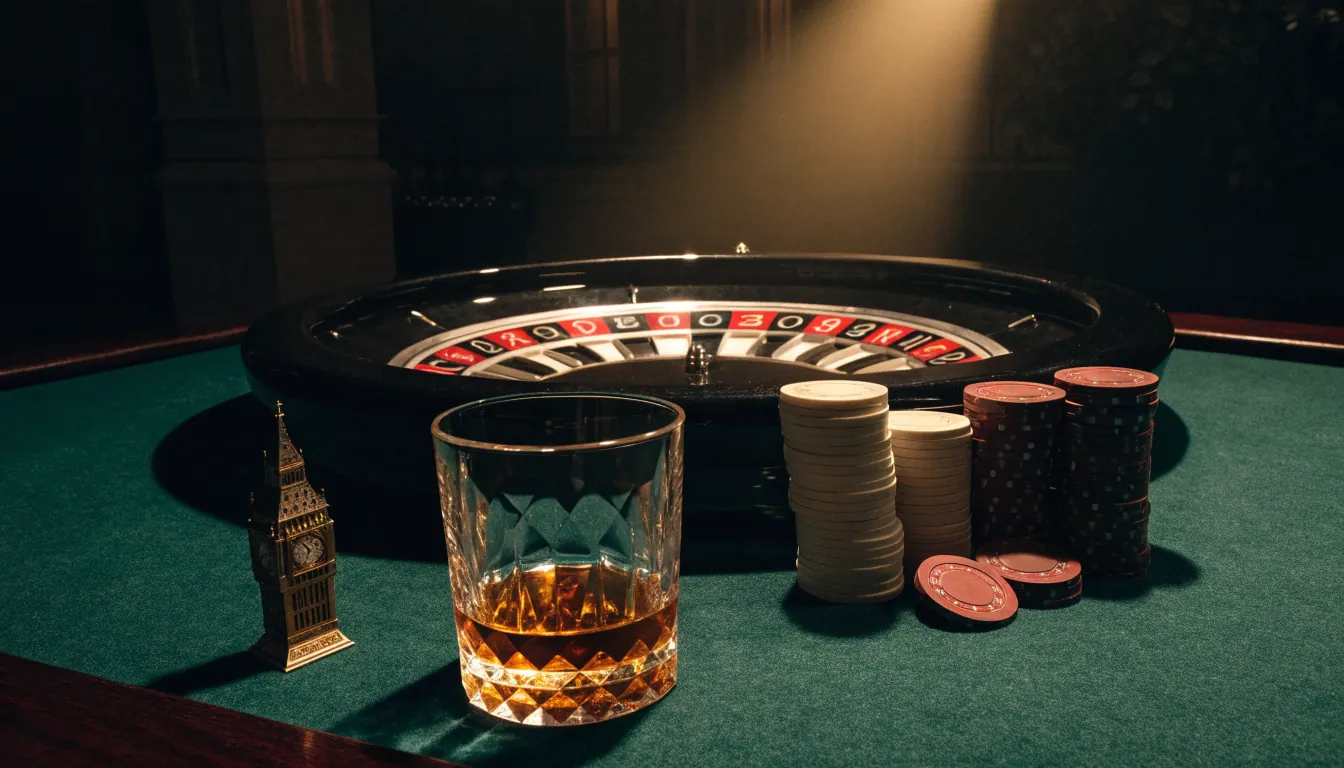 Elegant live casino studio with roulette wheel, chips, and British whisky glass on green felt table