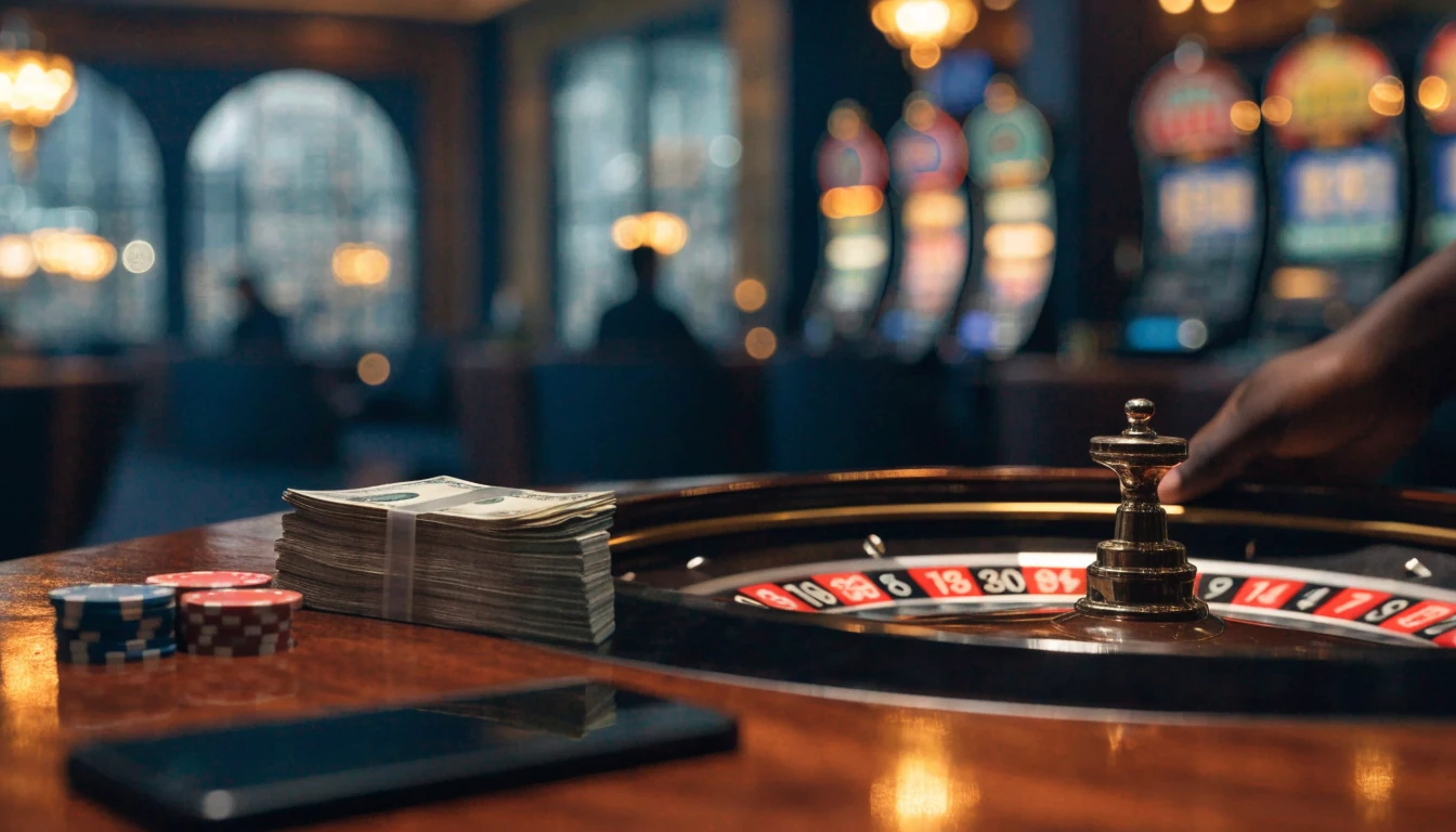 British casino table with pound notes, chips and a roulette wheel