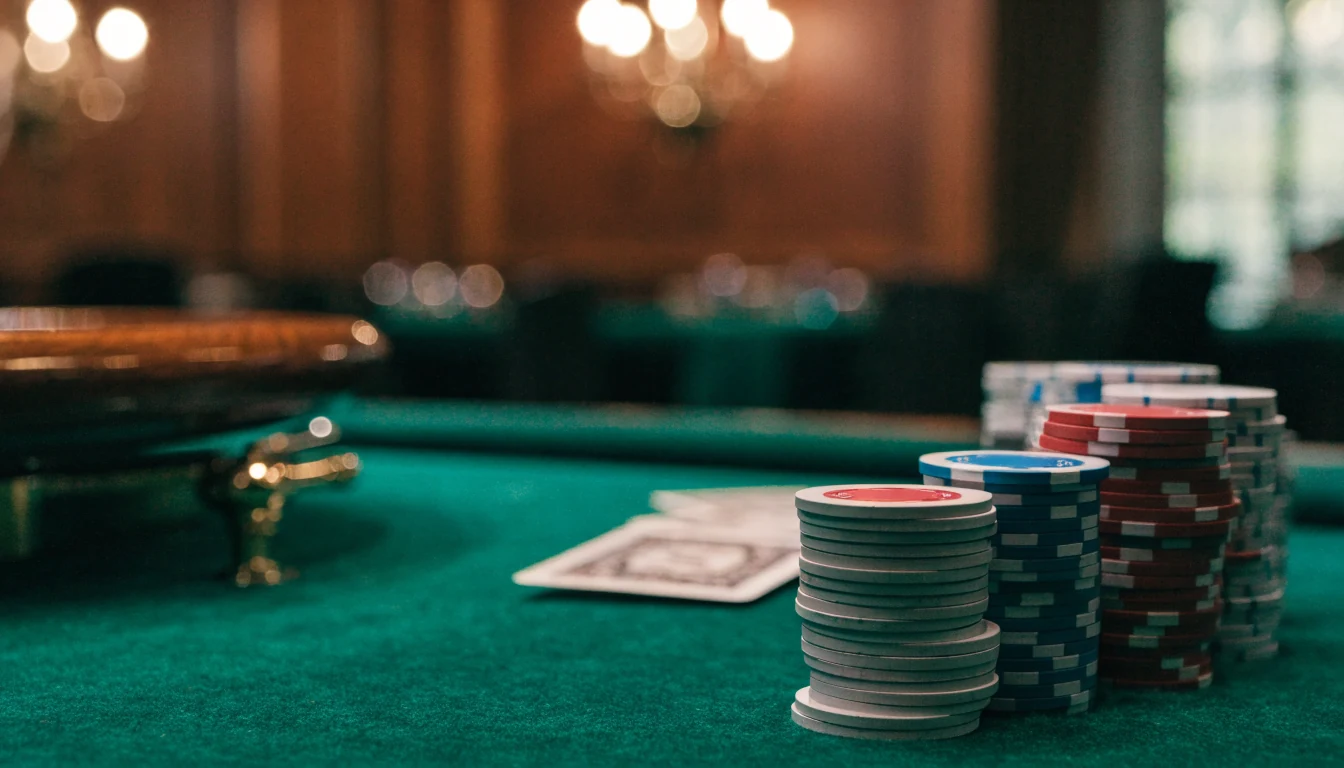 Elegant British casino table with chip stacks, playing cards, and roulette wheel